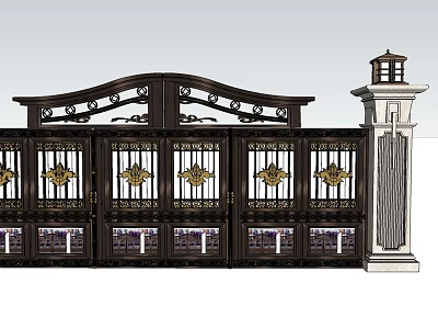 Ornate Wrought Iron Entrance Gate With Intricate Carvings Golden Accents And Side Lamp Post 3d model