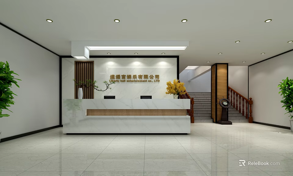 Hotel Lobby Interior With Marble Reception Desk Wooden Decorations Green Plants And Staircase 3d model 