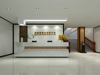 Hotel Lobby Interior With Marble Reception Desk Wooden Decorations Green Plants And Staircase 3d model