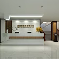 Hotel Lobby Interior With Marble Reception Desk Wooden Decorations Green Plants And Staircase