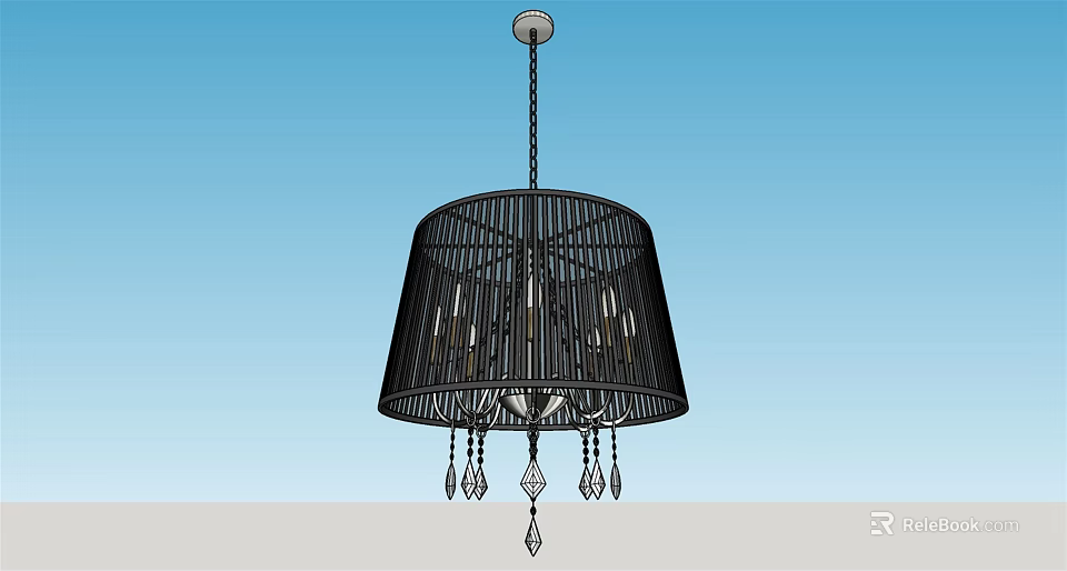 Elegant Modern Black Chandelier With Cage Shaped Shade And Crystal Pendants 3d model 
