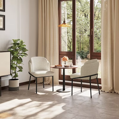 Modern Single Chairs In Bright Living Room With Window Curtains Small Table And Flowers 3d model