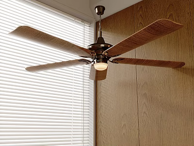 Wooden Bladed Ceiling Fan with Light Bulb in Interior with Wooden Wall and Window Blinds 3d model
