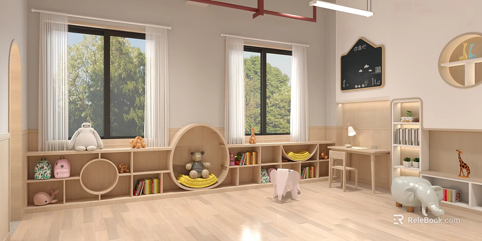 Kindergarten Interior Featuring Large Windows Green Trees Wooden Round Bookshelves Stuffed Bears Small Tables Chairs 3d model 