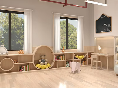 Kindergarten Interior Featuring Large Windows Green Trees Wooden Round Bookshelves Stuffed Bears Small Tables Chairs 3d model