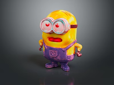 Minion Character Figure With Yellow Body Big Eyes Red Mouth Purple Overalls And Goggles 3d model