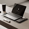 Minimalist Wooden Desk And Office Chair Set In Study Room With Bookshelf And Laptop