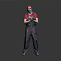 Man in Red Cap and Overalls Holding Power Tool Standing Against Gray Background