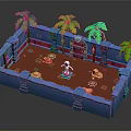 Cartoon Adventure Scene With Blue Walls Palm Trees Brown Ground And Character