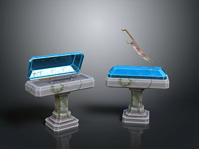 Mystical Floating Sword Above Blue Container and Opened Case on Stone Pedestals 3d model