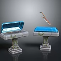 Mystical Floating Sword Above Blue Container and Opened Case on Stone Pedestals