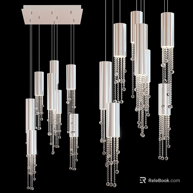 Elegant Modern Cylindrical Chandeliers With Hanging Crystal Chains And Metallic Design 3d model 