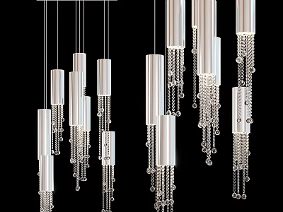 Elegant Modern Cylindrical Chandeliers With Hanging Crystal Chains And Metallic Design 3d model