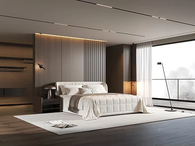 Modern Bedroom With Wooden Accent Wall Quilted Bed Floor Lamp And Large Window 3d model