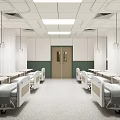 Spacious Hospital Ward Interior With Multiple Beds Curtains Central Door And Ceiling Lights