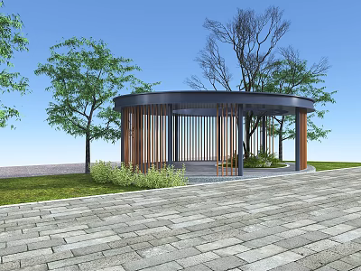Modern Outdoor Pavilion Surrounded by Green Trees Grass and Stone Path 3d model
