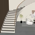 Modern Staircase Interior Design With White Steps Glass Railing Wooden Wall And Beige Chair