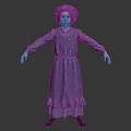 Woman In Purple Polka Dot Dress And Blue Bonnet With Arms Outstretched Against Dark Background