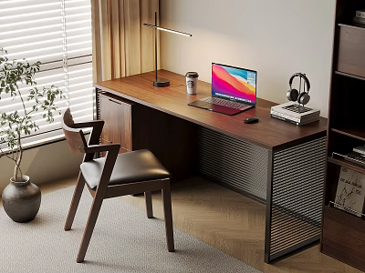 Modern Wooden Desk With Laptop Coffee Cup Lamp And Headphones Near Chair Plant And Bookshelf 3d model