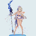 Long White Haired Game Anime Character In Blue Bikini With Floral Accessories Staff Purple Flowers