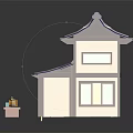 Cartoon Scene of Japanese Style Shop With Purple Roof Wooden Structure Red Signs and Tables