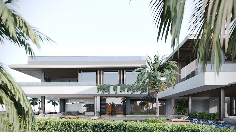 Modern Single Family Villa with Palm Trees Lush Greenery and Contemporary Architectural Design 3d model 