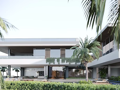 Modern Single Family Villa with Palm Trees Lush Greenery and Contemporary Architectural Design 3d model