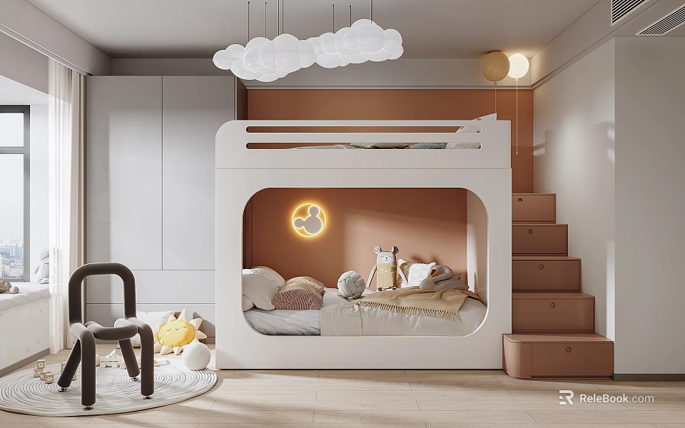 Cozy Kids Room Featuring White Bunk Bed Cloud Pendant Lights Staircase Storage And Stuffed Toys 3d model 