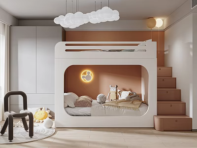 Cozy Kids Room Featuring White Bunk Bed Cloud Pendant Lights Staircase Storage And Stuffed Toys 3d model