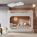 Cozy Kids Room Featuring White Bunk Bed Cloud Pendant Lights Staircase Storage And Stuffed Toys