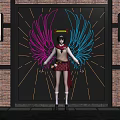 Neon Decorative Lights With Pink Blue Wings And Glowing Lines On Brick Wall