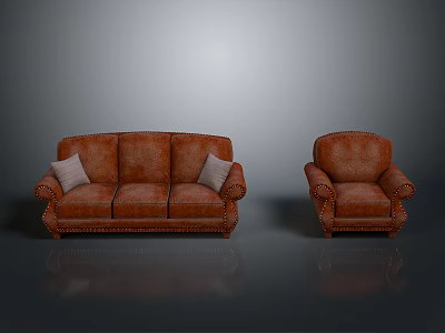Brown Leather Sofa And Armchair With Light Cushions And Stitched Design 3d model