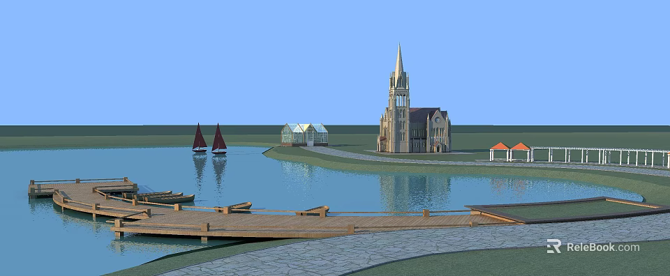 Scenic Park Landscape With Lake Sailboats Church Building Wooden Dock And Stone Pavement 3d model 