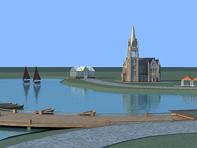 Scenic Park Landscape With Lake Sailboats Church Building Wooden Dock And Stone Pavement 3d model