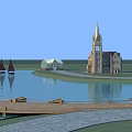 Scenic Park Landscape With Lake Sailboats Church Building Wooden Dock And Stone Pavement