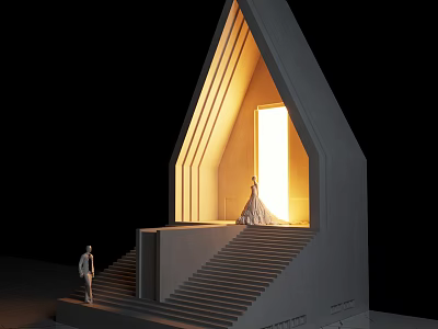Elegant Modern Architectural Entrance With Illuminated Doorway Stone Steps And Figures 3d model