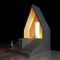 Elegant Modern Architectural Entrance With Illuminated Doorway Stone Steps And Figures