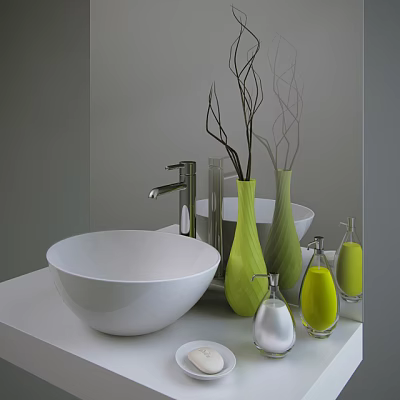Stylish White Round Washbasin With Silver Faucet Green Vases And Transparent Bottles On White Countertop 3d model