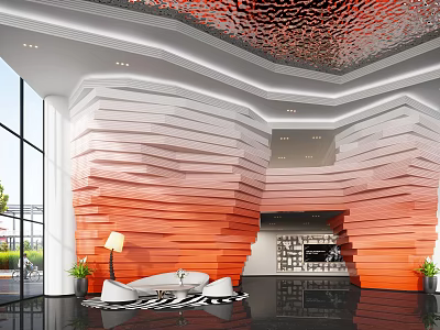 Modern Hotel Lobby With Layered Orange White Walls Sofa And Floor Lamp 3d model
