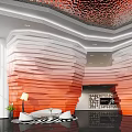 Modern Hotel Lobby With Layered Orange White Walls Sofa And Floor Lamp