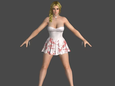 Woman With Blonde Braided Hair In White Strapless Red Floral Dress Arms Outstretched On Gray Background 3d model