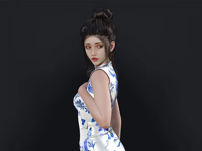 Elegant Woman In Blue And White Floral Cheongsam With Bun Hairstyle On Black Background 3d model