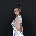 Elegant Woman In Blue And White Floral Cheongsam With Bun Hairstyle On Black Background