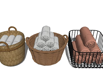 Decorative Storage Baskets with Rolled Towels in Woven and Metal Designs 3d model