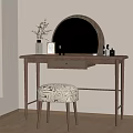 Minimalist Dressing Table Design With Round Rattan Mirror Wooden Frame And Patterned Stool 3d model