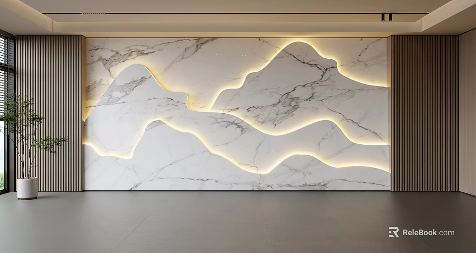 Modern Marble Background Wall With Wavy LED Strip Lights And Natural Veins Design 3d model 
