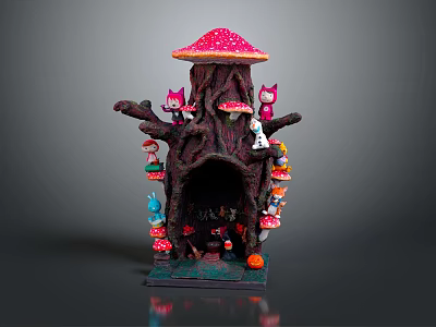 Cartoon Scene Featuring Mushroom House With Pink Spotted Cap Tree Trunk And Colorful Small Mushrooms 3d model