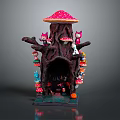 Cartoon Scene Featuring Mushroom House With Pink Spotted Cap Tree Trunk And Colorful Small Mushrooms