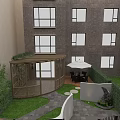 Garden Landscape Design With Green Grass Wooden Railing Circular Stone Pavers And Outdoor Umbrella