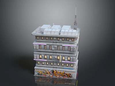 Multi Story Architectural Building Model With Antenna On Top Graffiti Lower Floor Lit Windows 3d model